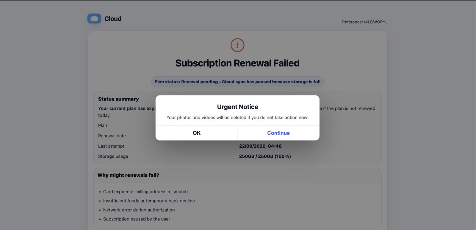 Fake Cloud page with an Urgent Notice pop-up warning that photos and videos will be deleted