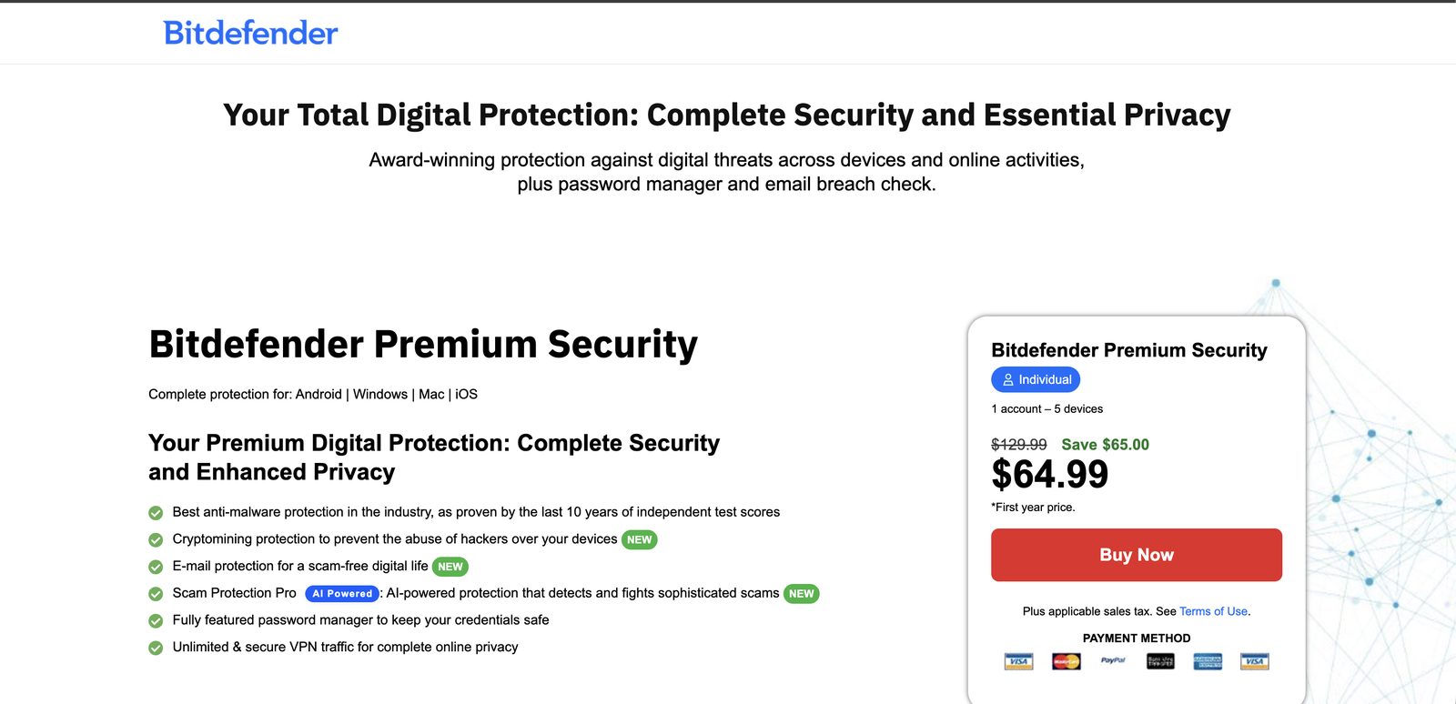 Bitdefender Premium Security sales page showing a discounted first-year price of $64.99