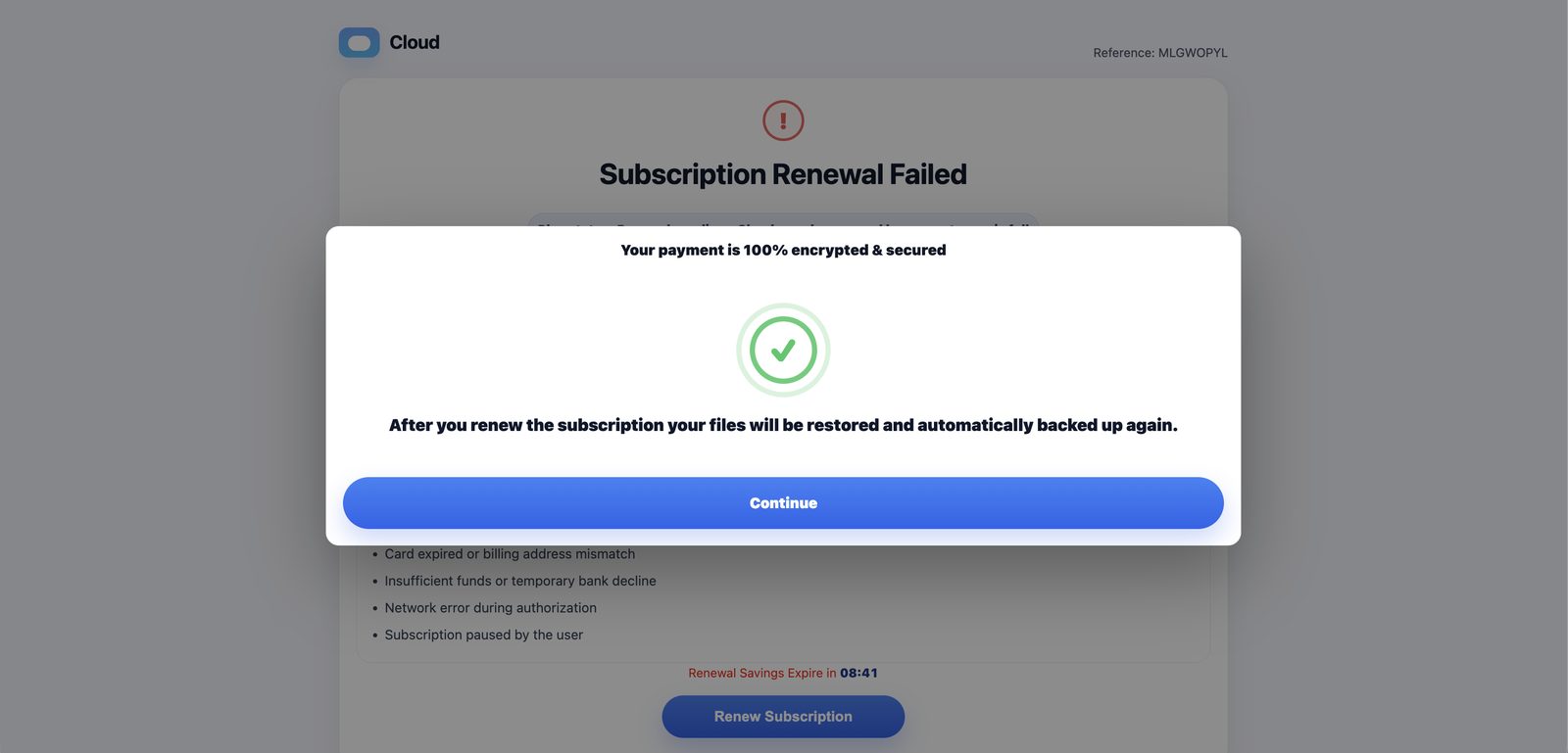 Pop-up claiming the payment is 100% encrypted and secured, with a Continue button